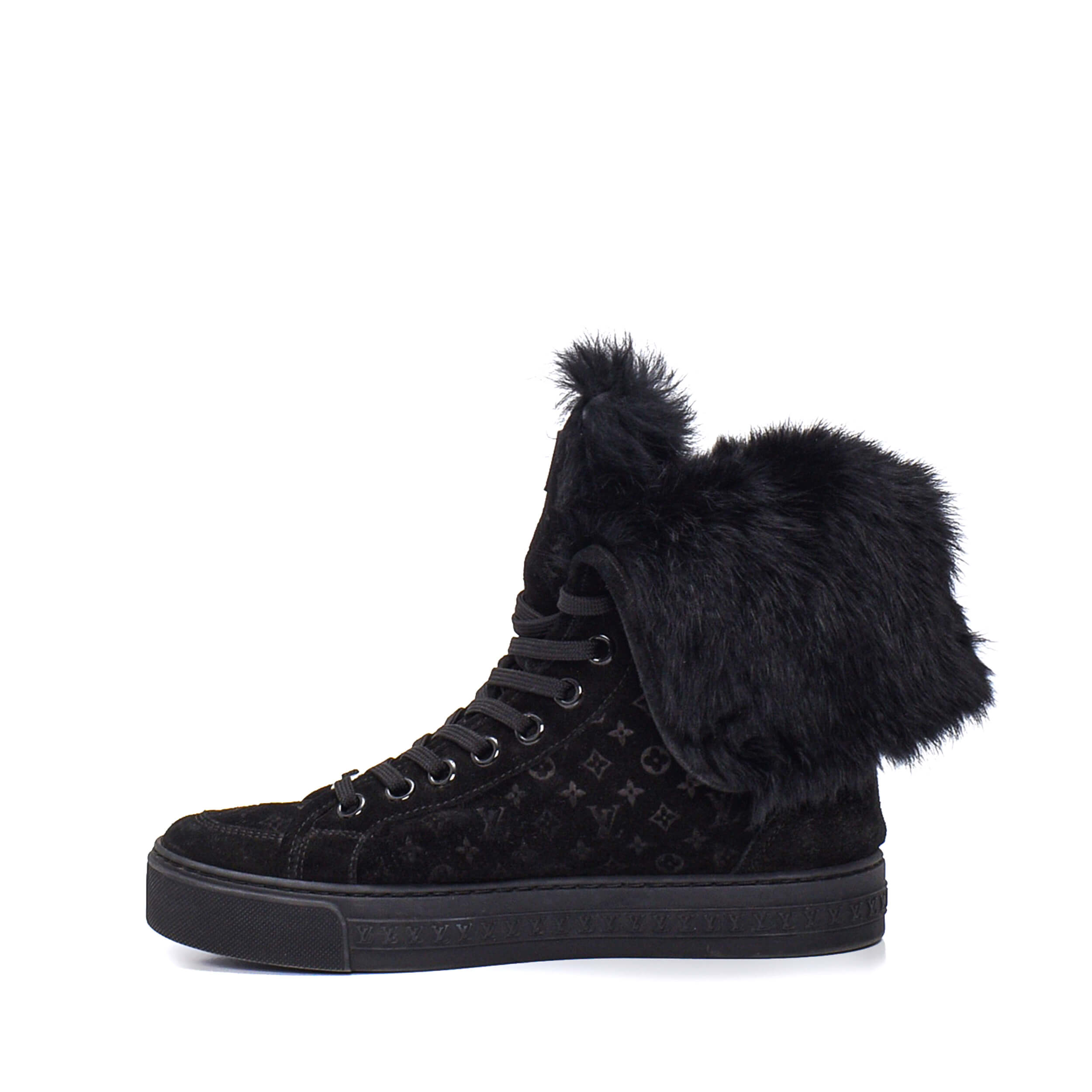 Louis Vuitton - Black Lv Monogram & Fur Detail Long Sneakers